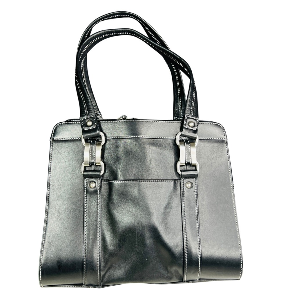 Perlina New York Black Leather Satchel Shoulder Handbag Tote Purse Y2K‎